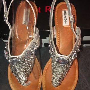 Silver sandal, jeweled out. Cute & comfortable